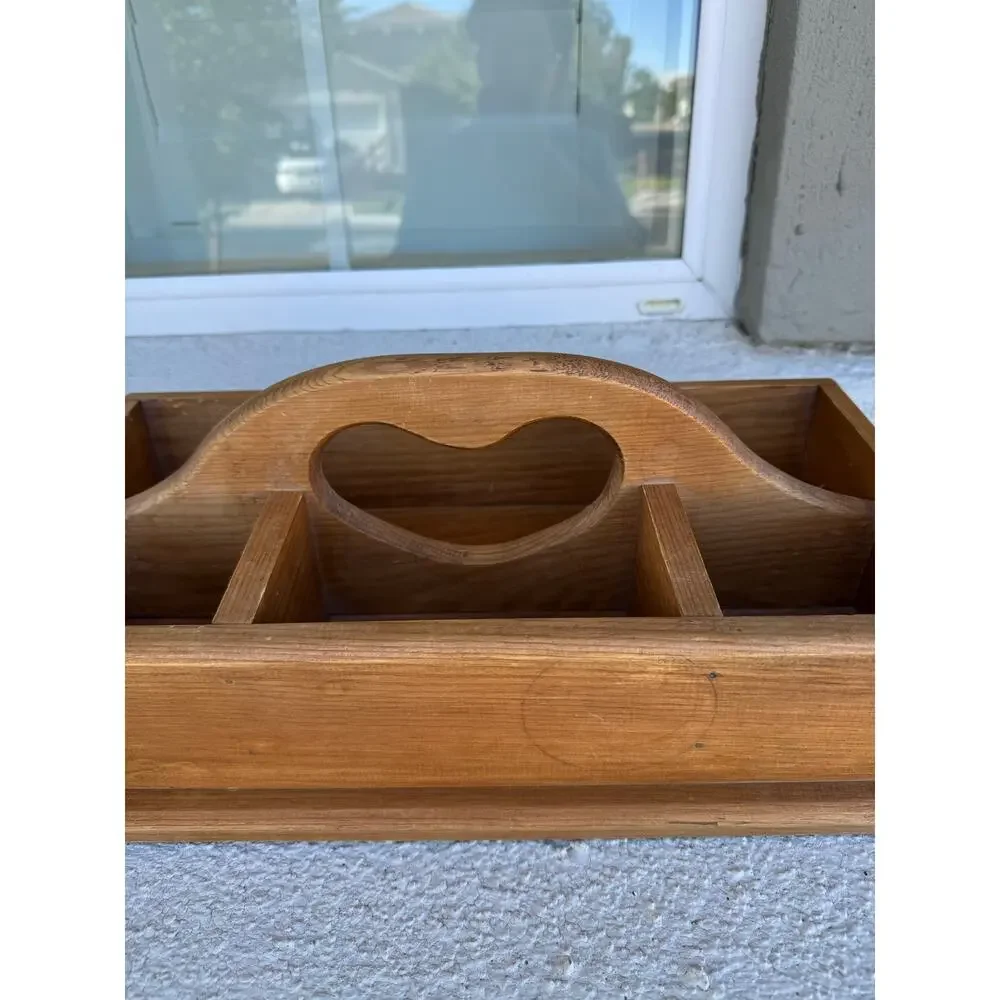 vintage country primitive wooden storage caddy with heart cutout handle 80s 90s